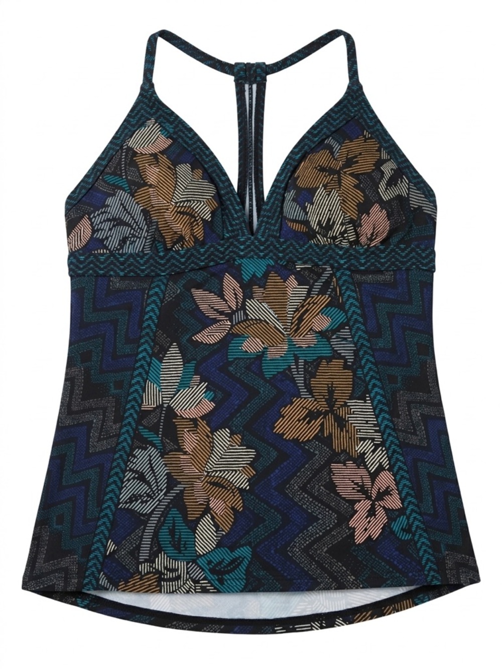 Prana Teal & Black Patterned Swim Tankini Top
